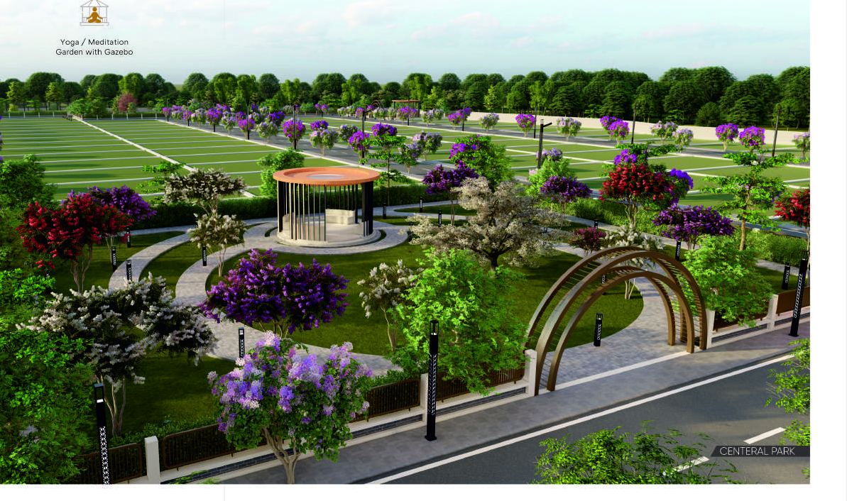 Central park with gazebo, gardens and walking paths